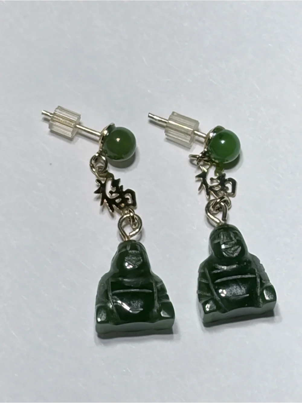 Green Jade Buddha Dangle Earrings - Women's Jewelry 1970’S